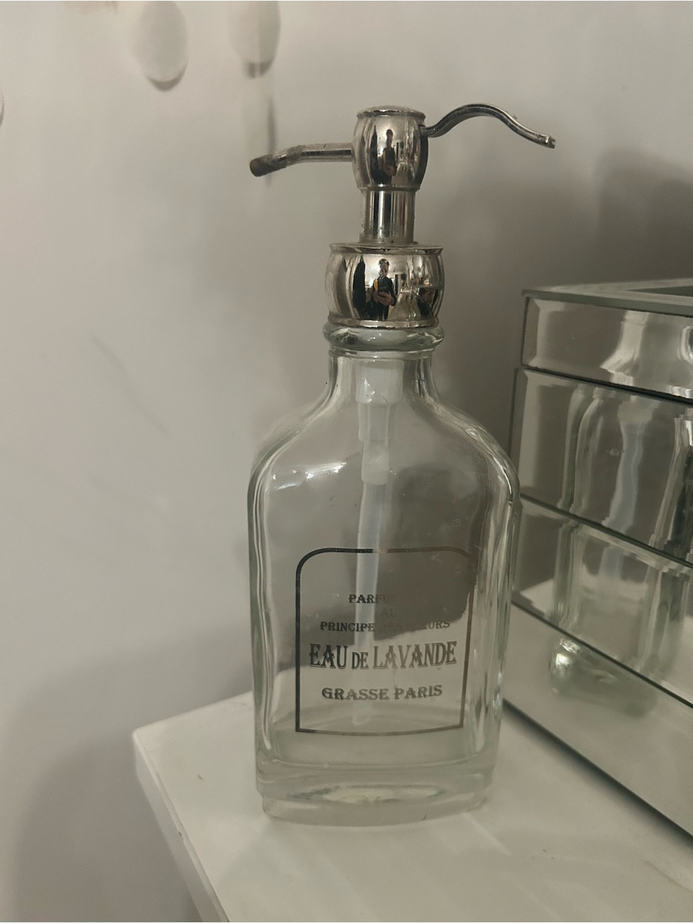 Vintage Parisian Eau de Lavande Glass Soap Dispenser with Silver Pump